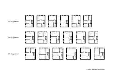 Szociális lakások, Miskolc – emeleti alaprajzi variációk – Terv: Gulyás Eszter / BME Építészmérnöki Kar Lakóépülettervezési Tanszék