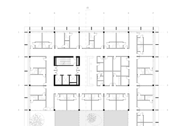 Transzplantációs központ Kolozsváron – kórterem szint, alaprajz – terv: Perényi Stúdió és M Á S Építészek