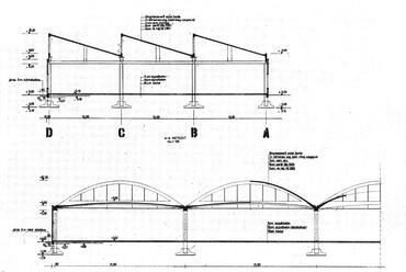 A Magyar Kábelművek szegedi gyáregységében épült üzemi csarnok hossz- és keresztmetszeti szekciója. Forrás: Tükrössy Attila: Magyar Kábelművek konoid-héj lefedésű csarnoka, Szeged. Műszaki Tervezés VI. évf. (1966) 6. sz. 17–18.