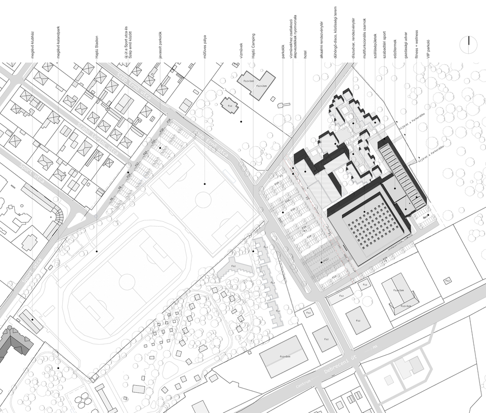 Átnézeti helyszínrajz – Hajdúszoboszlói Multifunkcionális Rendezvénycsarnok – építész: Wéber József / Wéber Építésziroda