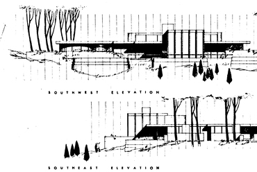 Hollywoodi családi ház tervpályázat, „b” változat, Guth Ferenc, 1965. Vagyonos tulajdonosok számára megálmodott típusterv. Az íves és szögletes formák játékából, átmetsződéséből épül fel az egész lakóház.