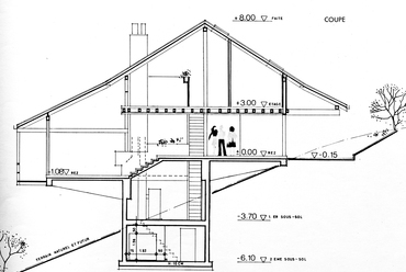 Családi ház a hegyoldalban, Lausanne környéke, Svájc, Guth Ferenc, 1979. A ház egy kétemeletes, 5x5 m-es vasbetonoszlopon nyugszik, melyre vasbetonlemez fekszik fel. Utóbbi alkotja a ház földszinti részét, e felett már minden faszerkezettel épült. 