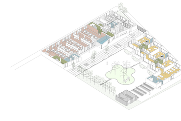 Het Vliegertje óvoda és általános iskola Deurne városában – Földszint, axonometria – Építész: BULK architecten