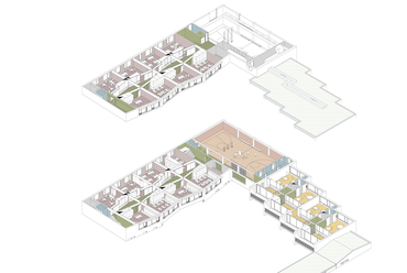 	Het Vliegertje óvoda és általános iskola Deurne városában – Földszint és első emelet, axonometria – Építész: BULK architecten