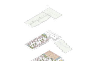 	Het Vliegertje óvoda és általános iskola Deurne városában – Földszint, emeletek és tető, axonometria – Építész: BULK architecten