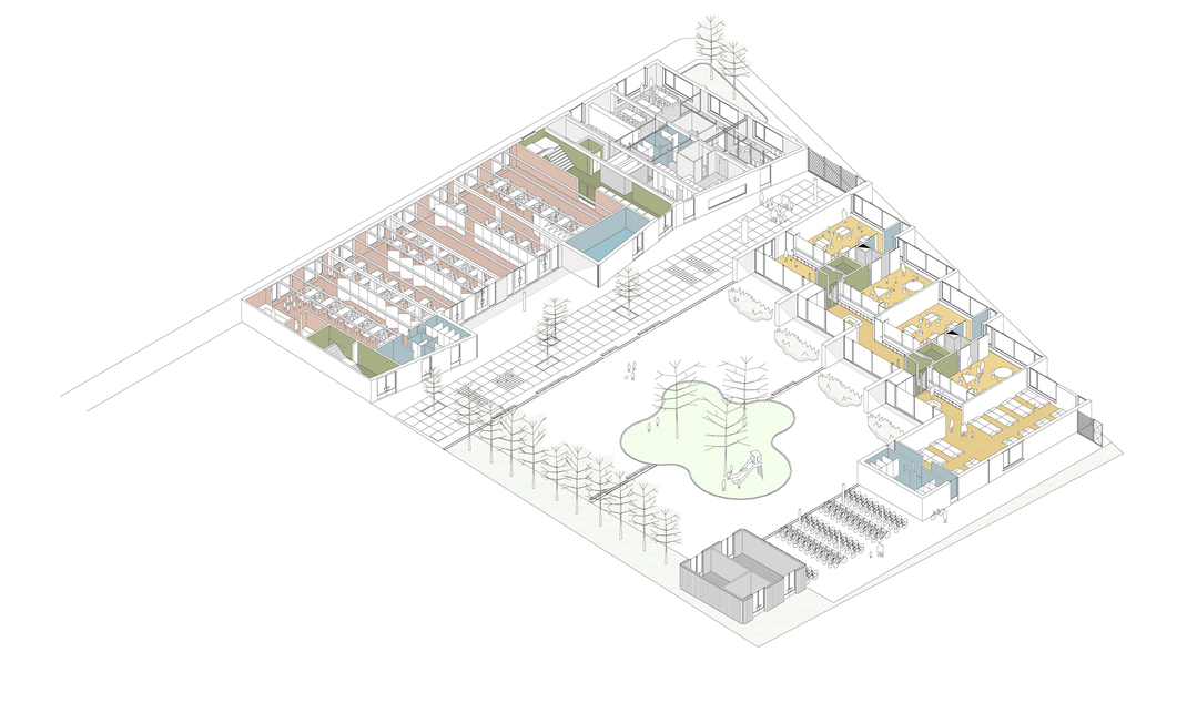Het Vliegertje óvoda és általános iskola Deurne városában – Földszint, axonometria – Építész: BULK architecten