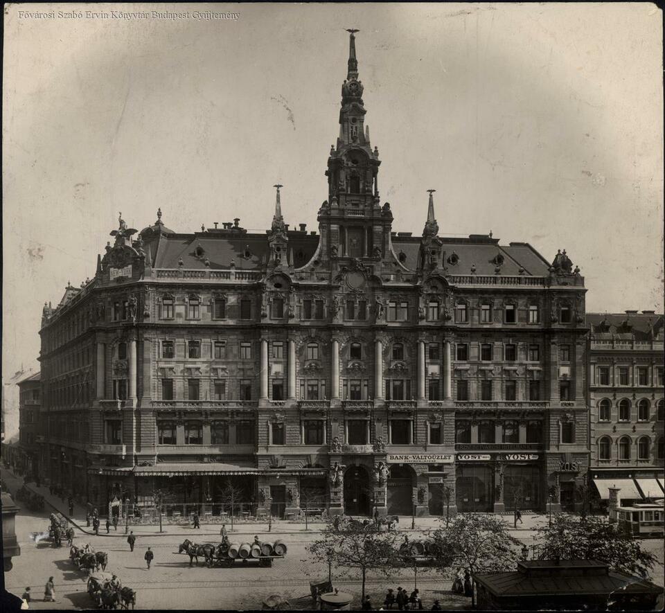 Budapest, New York-palota, 1900 körül, tervező: Hauszmann Alajos, Korb Flóris és Giergl Kálmán (Erdélyi Mór felvétele, FSZEK, Budapest Gyűjtemény)