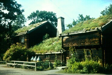 Zöld tető, zöld homlokzat faházon Skanzen Stockholm (Fotó Lányi E.)