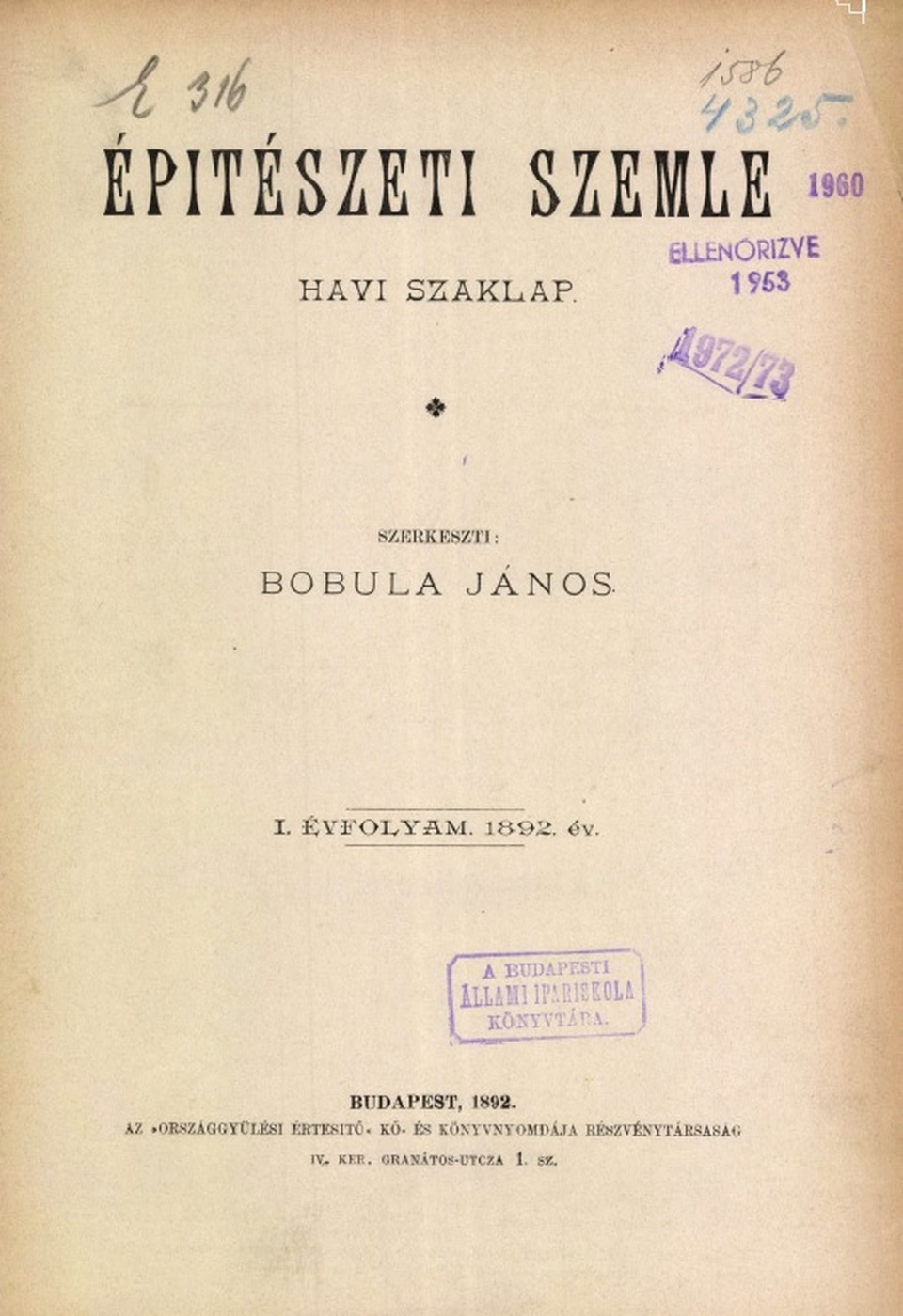 Az Építészeti Szemle 1. száma, 1892. május 30. (OSZK EPA)