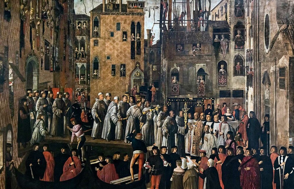 Giovanni Manusetti: A Szent Kereszt ereklyéjének csodája Campo San Lio-ban, c. 1494