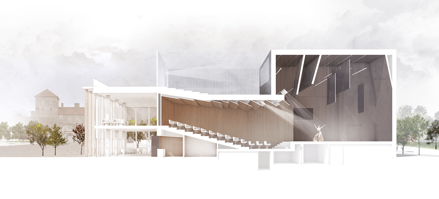 A Deichler Jakab Stúdió terve a Tata Szíve építészeti pályázaton - a színház metszete