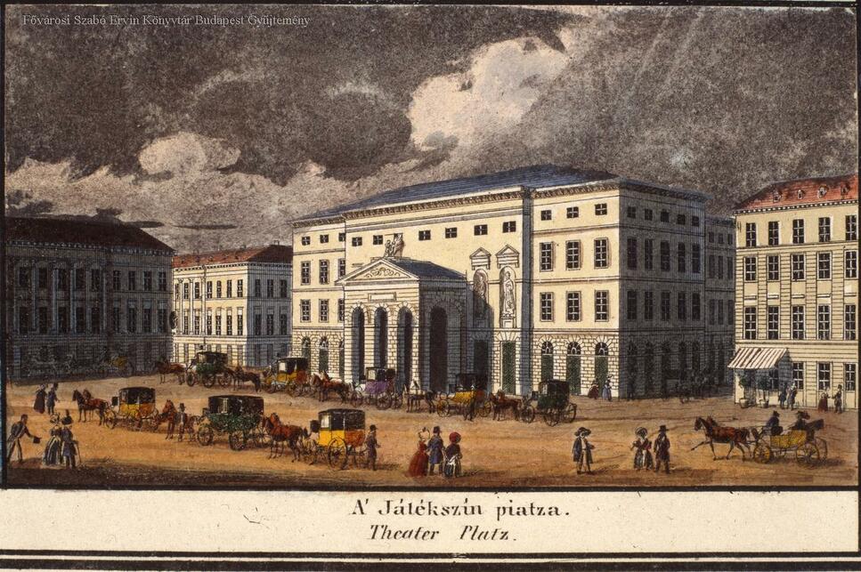Budapest, Vörösmarty tér, az egykori Pesti Német Színház 1837-ben, tervező: Johann Aman, kivitelező: Pollack Mihály (Carl Vasquez grafikája, FSZEK Budapest Gyűjtemény)