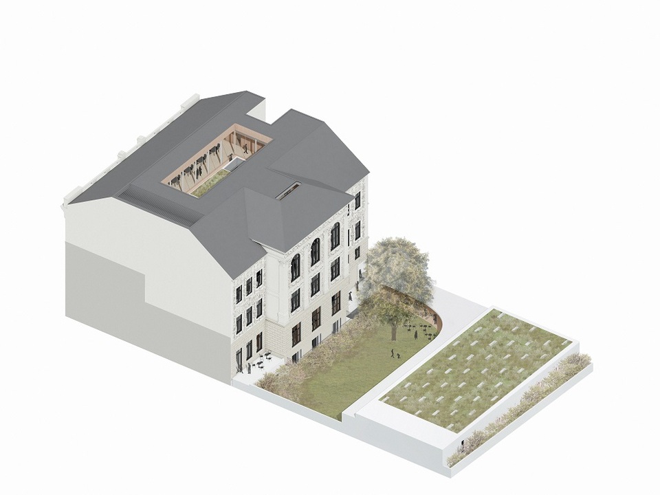 A Hetedik Műterem terve a Tranzit Ház Közösségi Tér és Képzési Központ Építészeti Tervpályázaton - axonometria