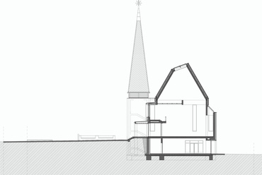 	Református templom és gyülekezeti központ Csömörön – keresztmetszet – Tervező: 4plusz Építész Stúdió