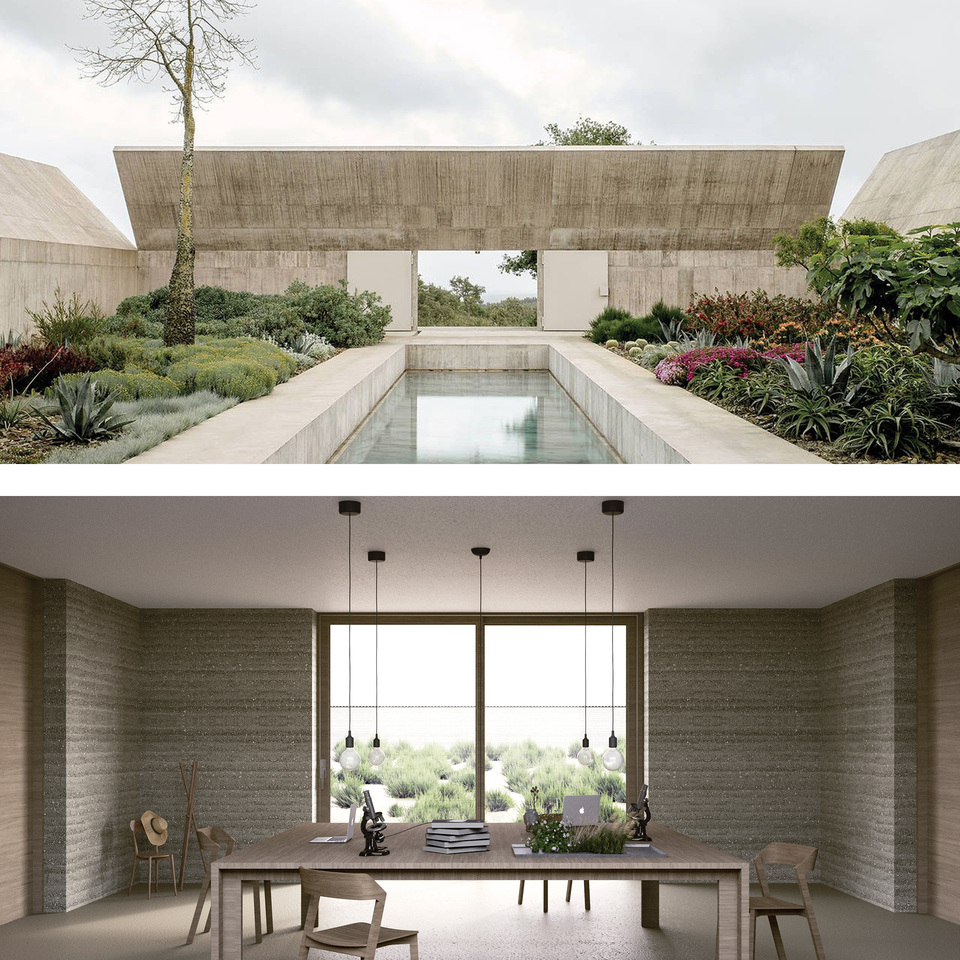 Valerio Olgiati: Villa Além (fotó: Paulo Catrica) összevetve Szántó Hunor diplomatervével (Táj-Restaurációs Központ, Bugac, 2020, konzulens: Vannay Miklós DLA)