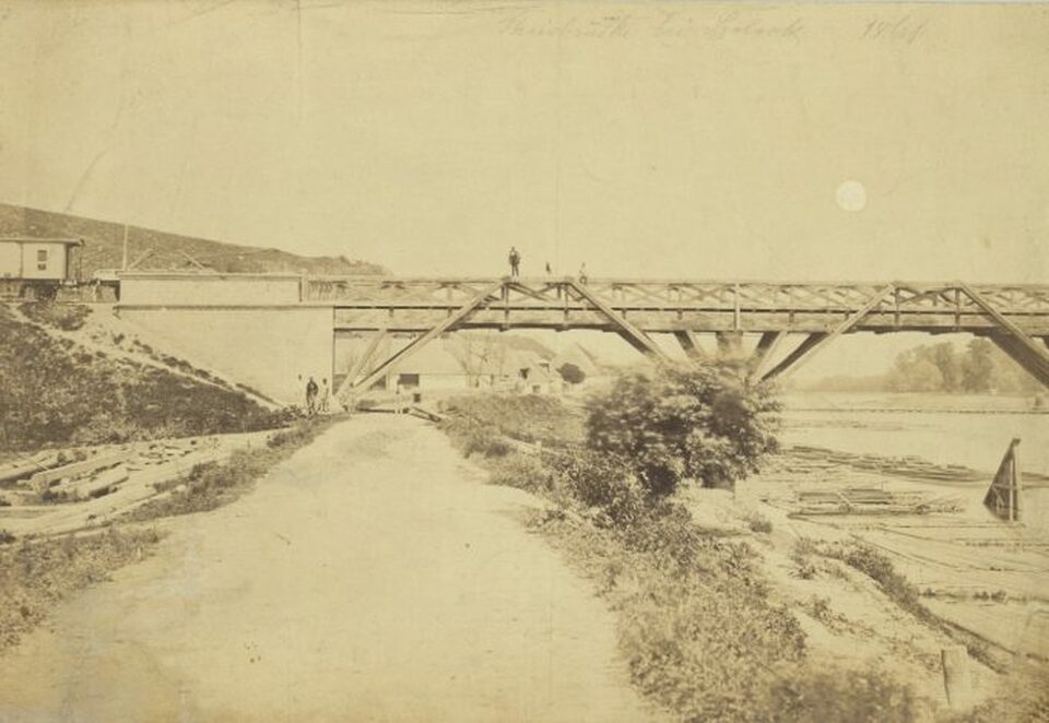 Szolnok, Vasúti híd, 1857 körül, kivitelező: Gregersen Gudbrand (Magyar Műszaki és Közlekedési Múzeum, Történeti Fényképek Gyűjteménye)