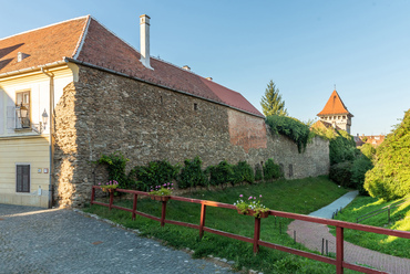 Az egykori városfal és a vizesárok maradványa a Chernel utcából. A fal tövében a város középkori gazdagságát megalapozó, jellemző szőlőfajták tőkéi sorakoznak.