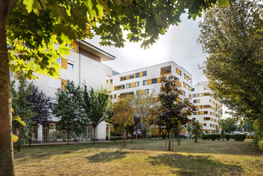 A Tetris-ház kertvárosra néző oldala, balra a tíz éve épült Nanette Viva lakóházakkal, ahol az  építés után ültetett fák lassan növekedésnek indultak.