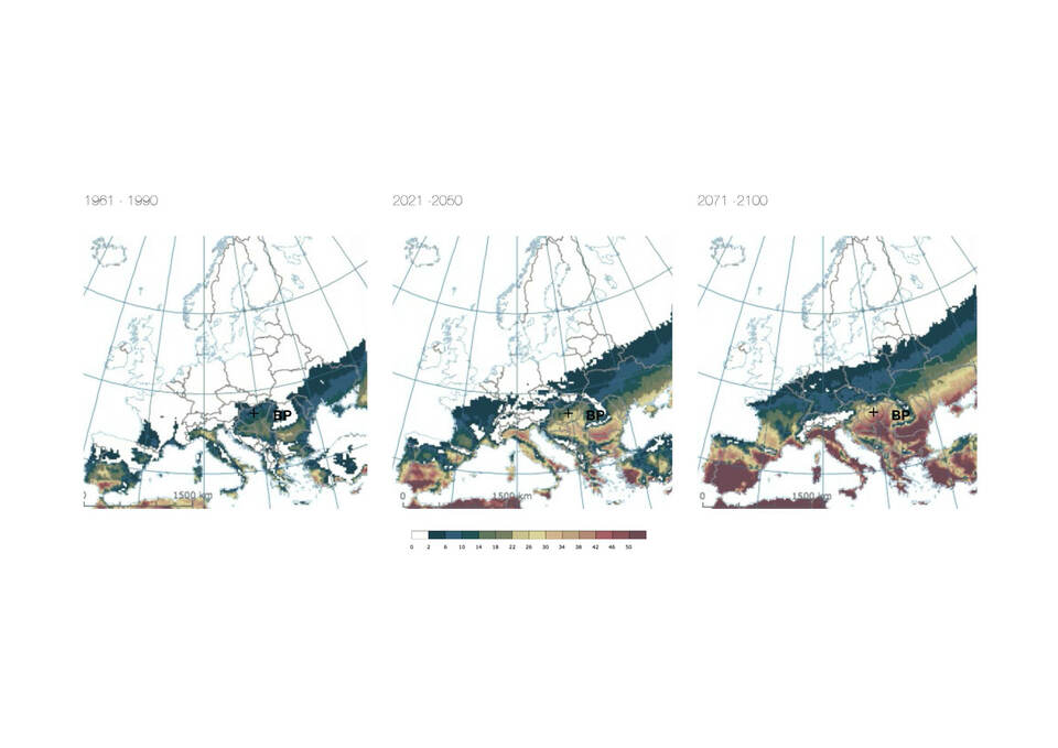 A trópusi éjszakák (> 20 ° C) és a forró napok (> 35 ° C) együttes számának jövőbeli fejlődése. (European Environment Agency: Climate change, impacts and vulnerability in Europe, 2012)