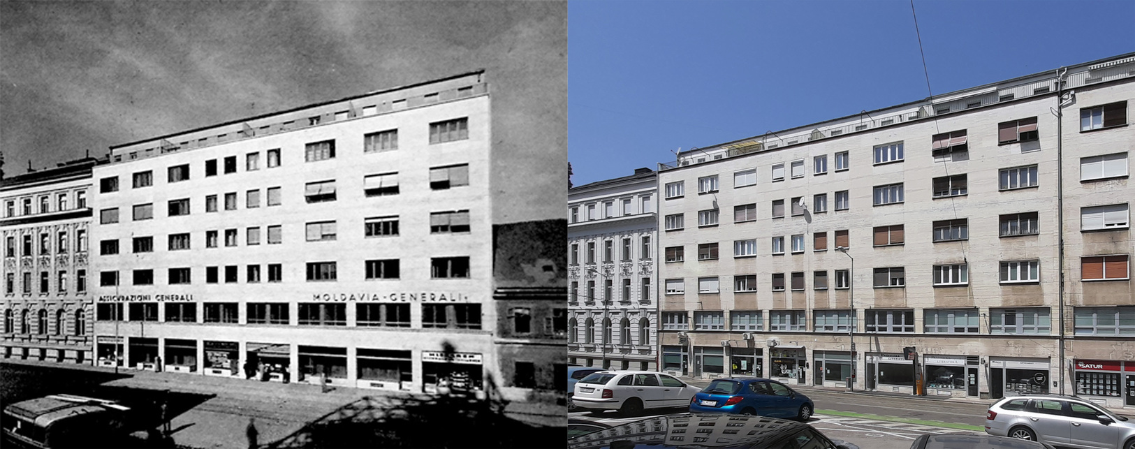 Az Assicurazione Generali és Moldavia Generali biztosító hálós homlokzatának archív fotója, (forrás: De Sandalo, FORUM; 1936; in Pressburg; 175. oldal) és ugyanaz napjainkban, © Bogáthy Zsolt, 2021.