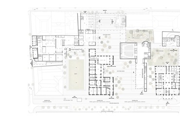 Földszint alaprajz - városi szövet, áramló terek, A Pázmány Campus megosztott III. díjban részesült pályamunkája, Tervezők: Archikon és Újirány