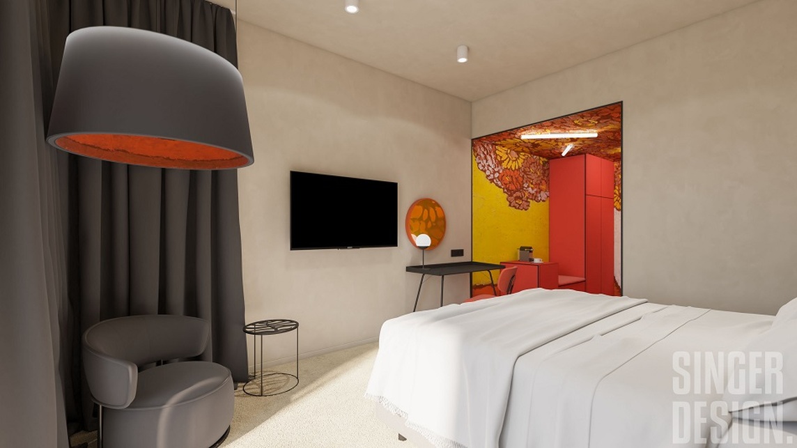 A kaposvári Spoiler Hotel látványterve, szoba. Forrás: Singer Design