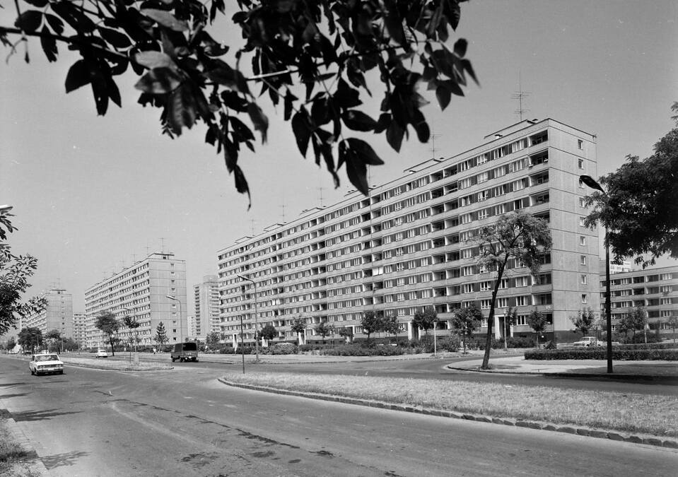 Az Etele út Petzvál József utca - Tétényi út közötti házsora. Szemben távolabb a Fejér Lipót utca 65. számú toronyház látszik 1972-ben. Forrás: Facebook