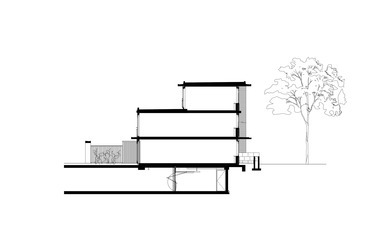 A sorházak metszete, a pincében parkolóval, földszinten hátsó kerttel, a felső szinten tetőterasszal. Építész: Steenhuis Bukman Architects.