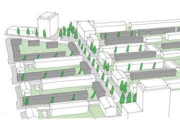  Madártávlati rajz a Bomenwijk központi tengelye mentén, meglévő épületek szürkével, új épületek fehérrel jelölve. Építész: Steenhuis Bukman Architecten