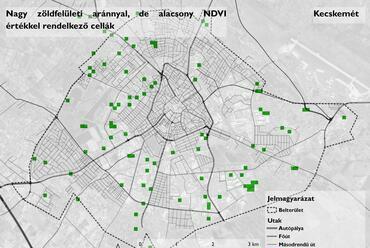 Nagy zöldfelületi aránnyal, de alacsony NDVI értékkel rendelkező cellák