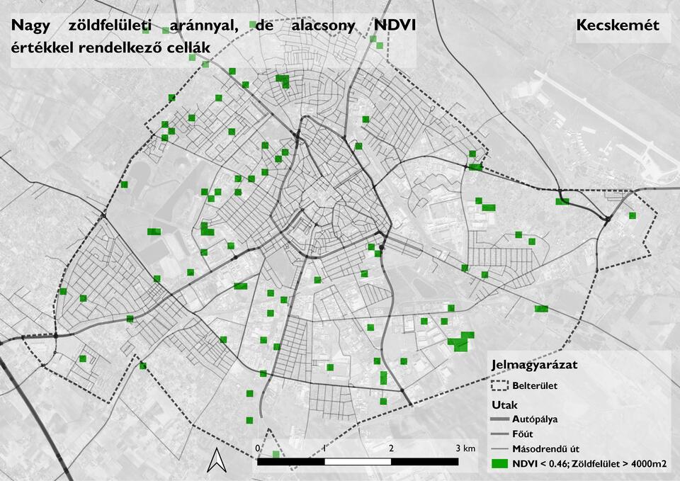 Nagy zöldfelületi aránnyal, de alacsony NDVI értékkel rendelkező cellák