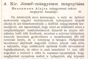 A Kir. Józsefműegyetem megnyitása. Hauszmann Alajos műegyetemi rektor megnyitó beszédje, III. Építő Ipar, 1903. 10. 11. 261–262.