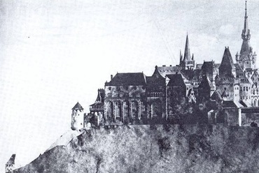 Elméleti rekonstrukció a budai várról. Forrás: Lux Kálmán - A budai várpalota Mátyás király korában, Budapest, 1922. rövidített kiadás.