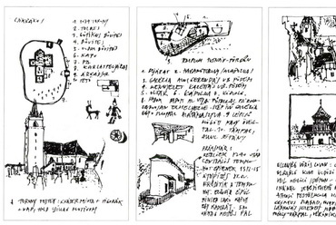 Erdélyi vázlatok – három lap Karácsony Tamás vázlatfüzetéből az erdélyi útról. (Magyar Építőművészet, 1989/1-2.)