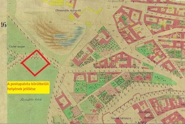 Marek János: Buda sz. k. főváros egész határának másolati térképe (részlet a Postapalota majdani telkének jelölésével), 1873, BFL XV.16.a.201/9