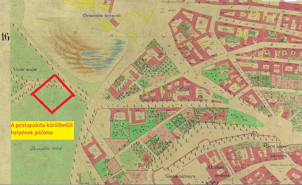 Marek János: Buda sz. k. főváros egész határának másolati térképe (részlet a Postapalota majdani telkének jelölésével), 1873, BFL XV.16.a.201/9