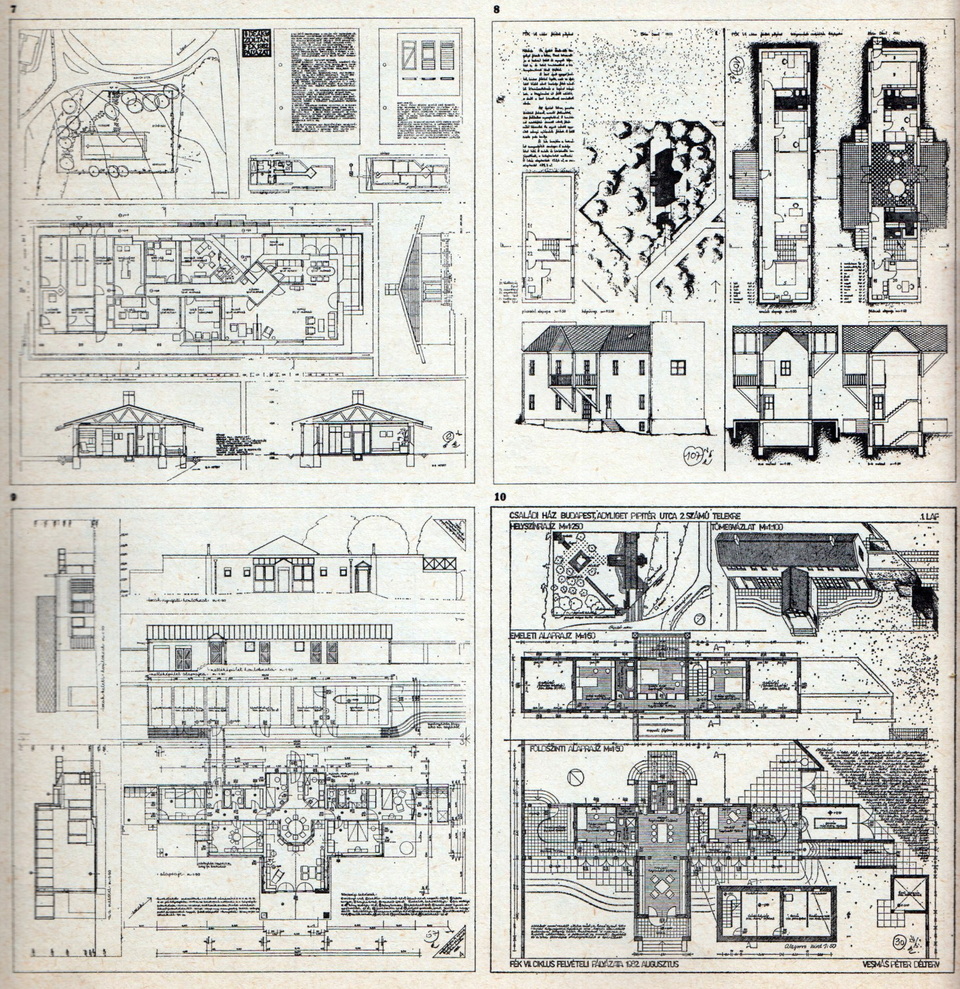 A VII. ciklus felvételi pályázatában családi házat kellett tervezni. Deák Zoltán (7), Ekler Dezső (8), Ferkai András (9) és Vesmás Péter (11) terve. (Magyar Építőművészet 1983/5.)