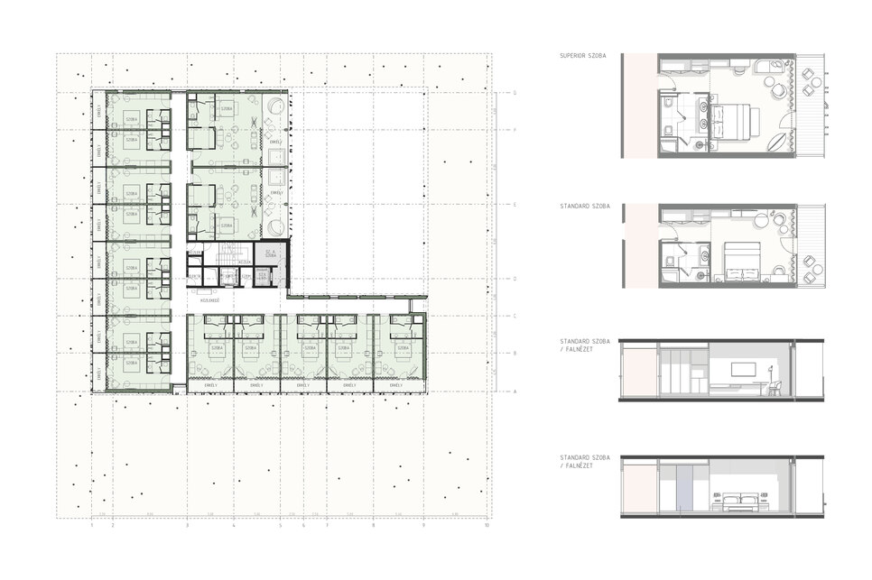 Debreceni Egyetem ´UniGreen Hotel´ Innovációs Oktatószálloda, harmadik-negyedik emelet alaprajz, szobatípusok / 4N Építésziroda