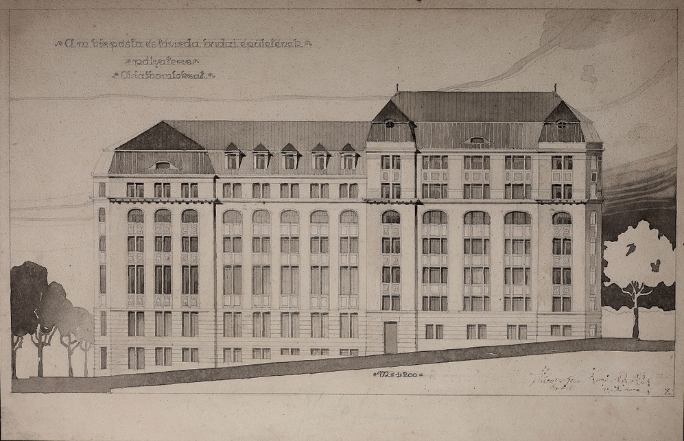 ifj. Ziegler Géza: Pályázati tervlap a budai postapalota épületére, 1923. A déli homlokzat nézete., Magántulajdon