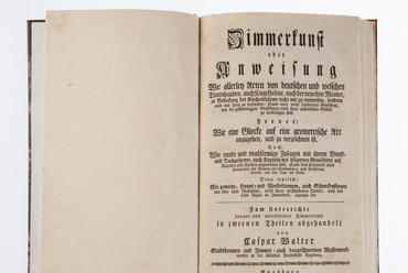 Walter, Caspar: Zimmerkunst oder Anweisung Wie allerley Arten von deutschen und welschen Thurnhauben, auch Kugelhelme, nach der neuesten Manier, zu Bedeckung der Kirchenthürme ... zu verfertigen sind …. Augsburg: Veith, 1769. 67 p., XXXV t.fol.