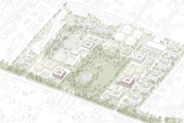 A Hetedik Műterem megosztott második díjas terve az Akadémia Park országos ötletpályázatára – axonometria