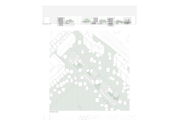 Az Akadémia Park tervpályázatának egyik megosztott első díjas terve, Zsuffa és Kalmár Építész Műterem, Újirány Tájépítész Kft., 2022.