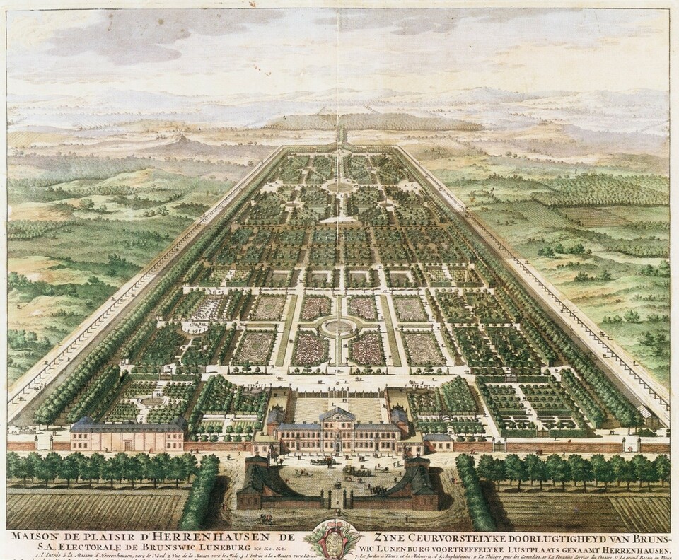 1708 körüli metszet a kertről és a még barokk stílusú, egyszerű kastélyépületről