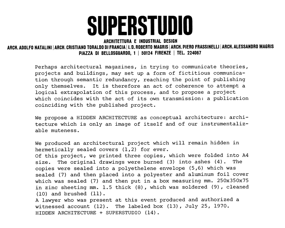 Superstudio: Hidden Architecture – Design Quarterly, 78/79, Conceptual Architecture (1970) p. 54.
