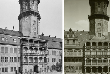 A Haussmann-torony két oldalán lévő homlokzatszakaszok még oromzatok nélkül (1887), az új neoreneszánsz oromzatokkal (1899), illetve a legutóbb rekonstruált 17. századi állapot (2017), Forrás: schloss-dd.mz.test.tu-dresden.de