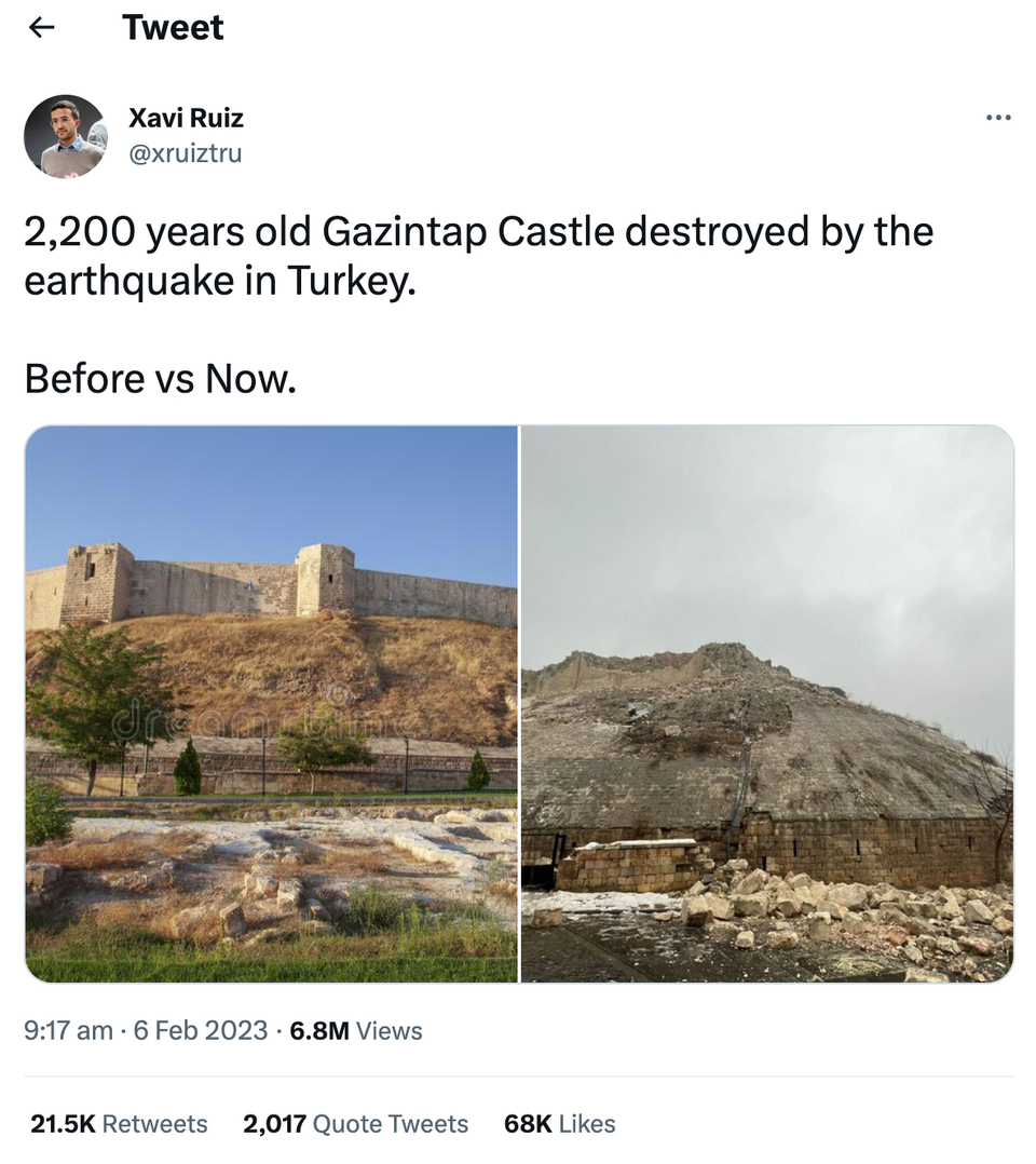 Gazintep vár, a földrengés előtt és után. Forrás: Xavi Ruiz, Twitter