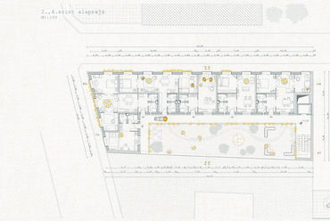 Cohousing, Budapest VIII.kerület – 2., 4.szint alaprajz M=1:100 – Terv: Balogh Eszter