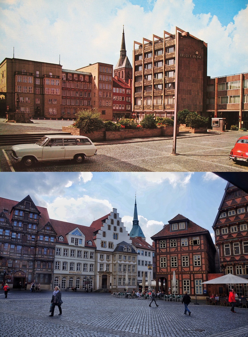 Hildesheim piactere az 1970-es években és napjainkban. A háttérben lévő templomtorony az egyetlen tájékozódási pont., Forrás: hildesheimer-allgemeine.de; mediaim.expedia.com