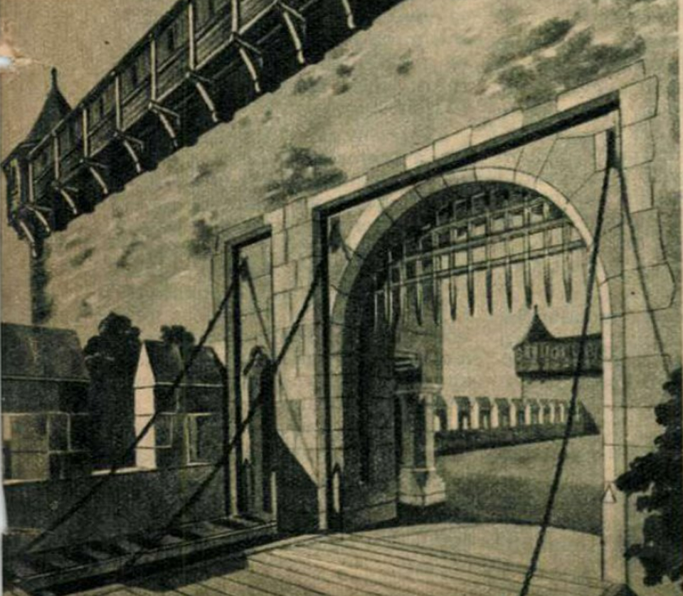 Az északi bástyafal felvonóhidas kapujának elméleti rekonstrukciója, valamint az egyik palotaszoba elképzelt rajza, Forrás: Képes Vasárnap, 1940/7.sz.