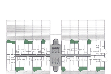 14 emeleti alaprajz - Harry Glück, Kurt Hlaweniczka, Thomas Reinthaller és Franz Requa: Alt-Erlaa lakópark. Forrás: szkennelve, Gerhard Steixner; Maria Welzig (Eds.): Luxury for All, Milestones in European Stepped Terrace Housing. 140. oldal.